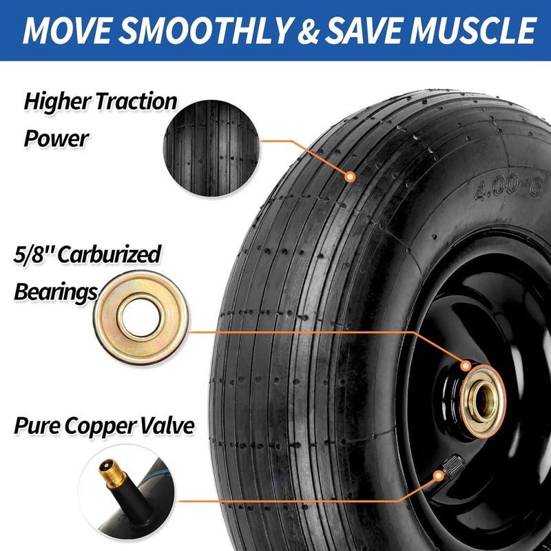 GICOOL 4.00-6 Tire and Wheel, 13" Wheelbarrow Pneumatic Tire, 5/8" & 3/4" Bearings, 1.75-6" Centered Hub,Sealed Bearings for Wheelbarrows Trolley Dolly Garden Wagon Cart Wheel Replacement - Image 4